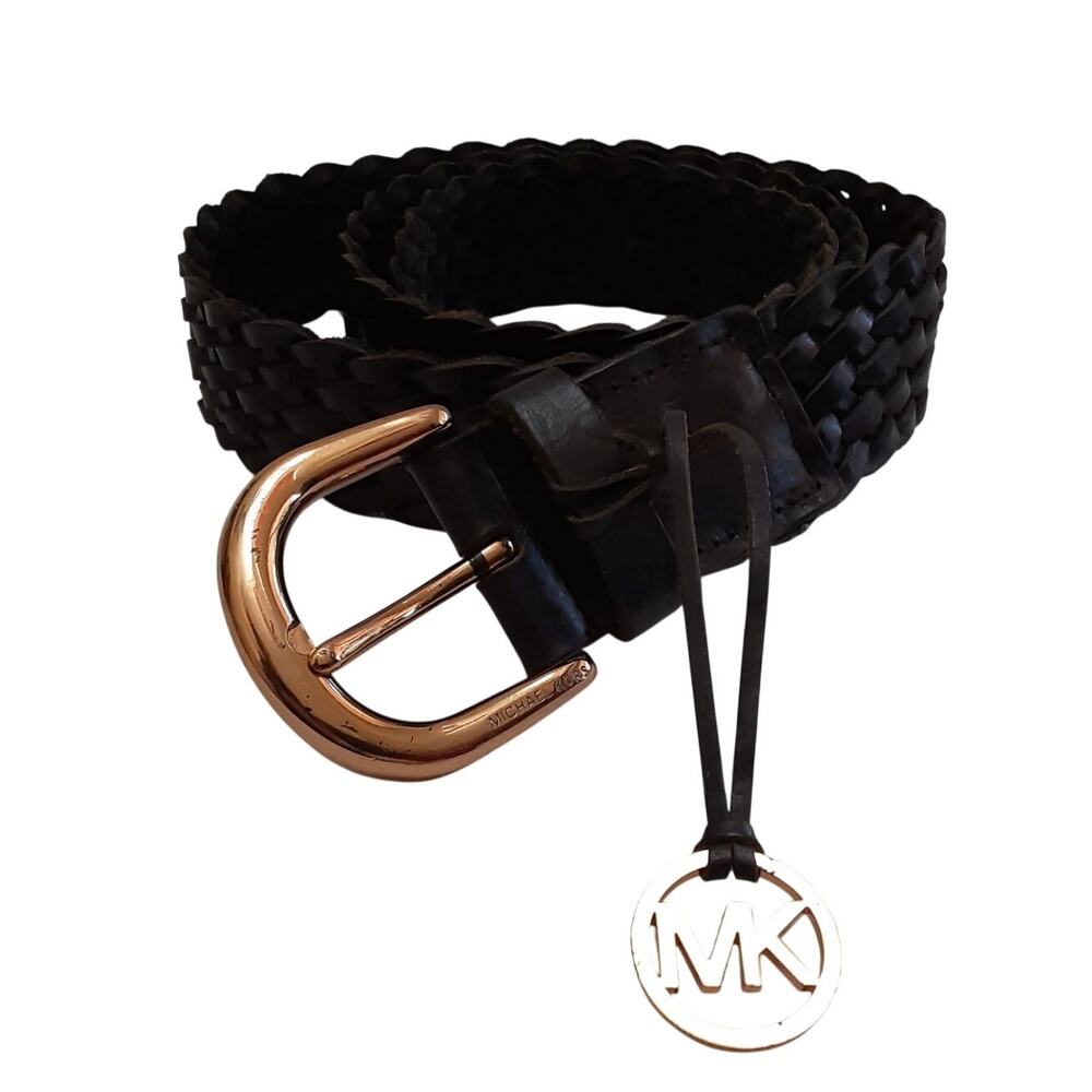 Michael Kors Braided Genuine Leather Belt Brass Buckle Charm XL Woven Boho